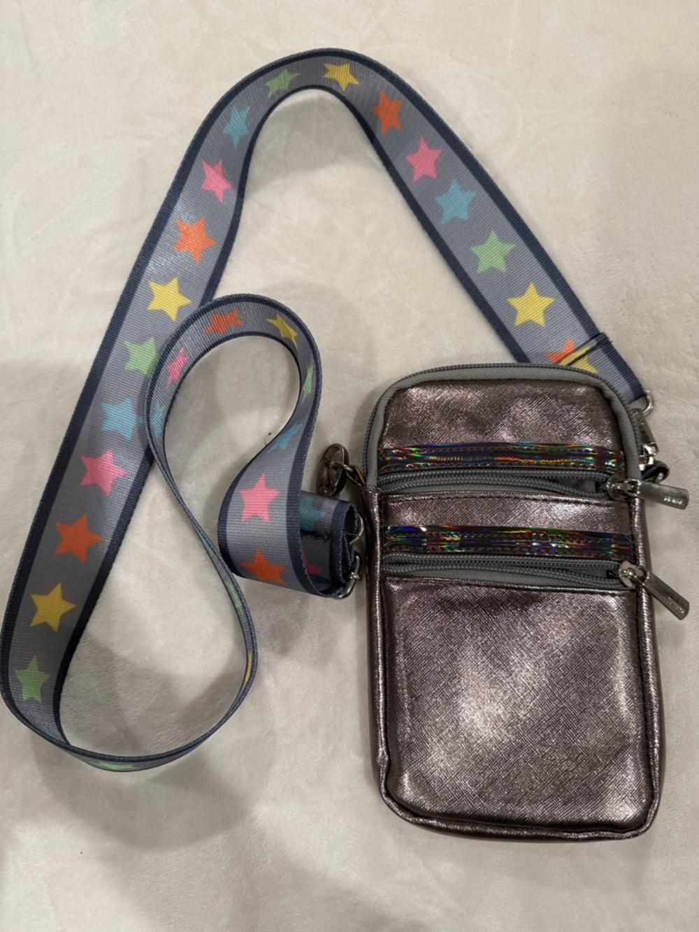 Metallic Pewter Crossbody Phone Bag with Star-Print Strap
